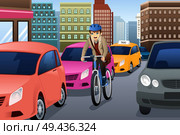 A vector illustration of businessman biking in the city. Стоковая иллюстрация, агентство Ingram Publishing / Фотобанк Лори