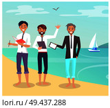 Business travelling, businessman with papers and pens, beach and summer ocean, sailboat and clear, blue sky, isolated on vector illustration. Business Travelling People Vector Illustration. Стоковая иллюстрация, агентство Ingram Publishing / Фотобанк Лори