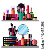 Make up big collection, posters with palette and eyeshadows, mirror and powders, lipsticks and mascara, items vector illustration isolated on white. Make Up Big Collection Posters Vector Illustration. Стоковая иллюстрация, агентство Ingram Publishing / Фотобанк Лори