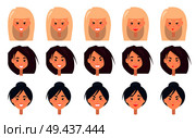 Three women s portraits with different emotions vector illustration with faces of blondes and brunettes isolated on white background, varied hairstyles. Three Women s Portraits with Different Emotions. Стоковая иллюстрация, агентство Ingram Publishing / Фотобанк Лори