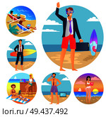 Business summer collection of images in circles, businessman with suitcase waving, woman in hammock with laptop sunset isolated on vector illustration. Business Summer Collection Vector Illustration. Стоковая иллюстрация, агентство Ingram Publishing / Фотобанк Лори