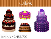 Cakes various delicious desserts vector illustration of different shapes pies with chocolate strawberries and red cherries, fruits and tasty frosting. Various Delicious Desserts Vector Illustration. Стоковая иллюстрация, агентство Ingram Publishing / Фотобанк Лори