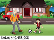 A vector illustration of grandpa and grandson playing soccer in the front yard. Стоковая иллюстрация, агентство Ingram Publishing / Фотобанк Лори