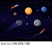 Planets and rockets, poster set, with asteroids and meteors, spaceships and stars, earth and mono, vector illustration isolated on blue background. Planets and Rockets Poster Set Vector Illustration. Стоковая иллюстрация, агентство Ingram Publishing / Фотобанк Лори