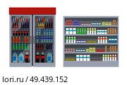 Supermarket and shelves full of products, bottles with water and Coca-Cola, Fanta, refrigerator and freezer poster isolated on vector illustration. Supermarket and Shelves Poster Vector Illustration. Стоковая иллюстрация, агентство Ingram Publishing / Фотобанк Лори