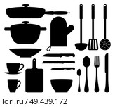Kitchen utensil cute patterns vector illustration with black silhouettes of knives, fork and spoons, cups and pan, plate and glove, white backdrop. Kitchen Utensil Cute Patterns Vector Illustration. Стоковая иллюстрация, агентство Ingram Publishing / Фотобанк Лори