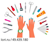 Female hands, sharp manicure tools and bottles of bright nail polishes in semicircle isolated cartoon flat vector illustration on white background.. Female Hands, Manicure Tools and Nail Polishes. Стоковая иллюстрация, агентство Ingram Publishing / Фотобанк Лори