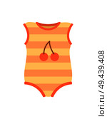 Baby clothes, romper of red color, with pattern, made of stripes and image of cherries, poster and fashion vector illustration, isolated on white. Baby Clothes Romper Poster Vector Illustration. Стоковая иллюстрация, агентство Ingram Publishing / Фотобанк Лори