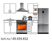 Modern electric appliances in kitchen interior design. Modern fridge, cooker with hood, shiny teapot and metallic multicooker vector illustrations.. Modern Electric Appliances in Kitchen Interior. Стоковая иллюстрация, агентство Ingram Publishing / Фотобанк Лори