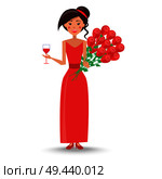 Female in red maxi dress and heeled shoes with wineglass of alcohol drink and bouquet of ruddy roses vector illustration. Female in Red Dress with Wineglass and Bouquet. Стоковая иллюстрация, агентство Ingram Publishing / Фотобанк Лори