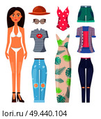 Woman and clothes set poster, banner with summer mode, dress and pants t-shirt and top, shorts and summer mode, ector illustration isolated on white. Woman and Clothes Set Poster Vector Illustration. Стоковая иллюстрация, агентство Ingram Publishing / Фотобанк Лори