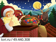 A vector illustration of Santa Claus with sleigh full of Christmas presents near a chimney. Стоковая иллюстрация, агентство Ingram Publishing / Фотобанк Лори