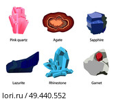 Pink quartz agate sapphire lazurite rhinestone garnet vector illustration gemstones set isolated on white background. Precious stones crystals minerals. Pink Quartz Agate Sapphire Lazurite Rhinestone. Стоковая иллюстрация, агентство Ingram Publishing / Фотобанк Лори