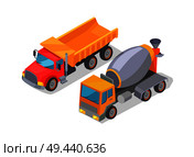 Cement-mixer and lorry poster with cars and transports used in construction of buildings, cement-mixer and truck, isolated on vector illustration. Cement-Mixer and Lorry Poster Vector Illustration. Стоковая иллюстрация, агентство Ingram Publishing / Фотобанк Лори