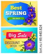 Best spring big sale advertisement label crocus purple flowers with yellow center vector illustration posters set. Emblems with blossom of plants. Best Spring Big Sale Advertisement Labels Crocus. Стоковая иллюстрация, агентство Ingram Publishing / Фотобанк Лори