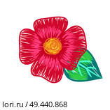 Closeup of big flower with pink petals and green leaves, yellow center, plant in blossom, represented in a handdrawn way on vector illustration. Closeup of Big Flower Poster Vector Illustration. Стоковая иллюстрация, агентство Ingram Publishing / Фотобанк Лори