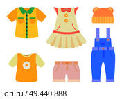 Baby clothes collection, poster with types of clothing, bodysuit and shirt, dress and hat with ears, shorts and romper isolated on vector illustration. Baby Clothes Collection Poster Vector Illustration. Стоковая иллюстрация, агентство Ingram Publishing / Фотобанк Лори