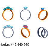 Precious gold and silver rings with gems vector icons set. Wedding rings with diamonds flat vector illustrations isolated on white background. Precious Wedding Rings with Gems Vector Icons Set. Стоковая иллюстрация, агентство Ingram Publishing / Фотобанк Лори