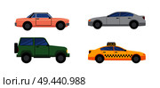 Cars collection of different colors and models, personal transport and public taxi vehicle, retro automobile and off-road jeep, white sedan vector. Cars Set of Different Color Vector Illustration. Стоковая иллюстрация, агентство Ingram Publishing / Фотобанк Лори