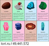 Aquamarine agate sapphire pink quartz malachite turquoise garnet carnelian precious gemstones set isolated on white vector. Crystals and minerals gems. Aquamarine Agate Sapphire Pink Quartz Malachite. Стоковая иллюстрация, агентство Ingram Publishing / Фотобанк Лори