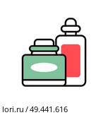 Pair of cosmetic products, color vector illustration of two cute bottles with oval and rectangular labels, black contour, isolated on white background. Pair of Cosmetic Products Vector Illustration. Стоковая иллюстрация, агентство Ingram Publishing / Фотобанк Лори