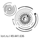 Pair of Interface patterns vector illustration with two black orbits polygons, variety of fat lines, lot of dots, circles isolated on white background. Pair of Interface Patterns Vector Illustration. Стоковая иллюстрация, агентство Ingram Publishing / Фотобанк Лори