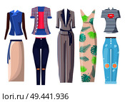 Summer mode set of items, jacket and long skirt, shirt and pants, summer mode and dress with print, t-shirt and jeans, isolated on vector illustration. Summer Mode Set of Items, Vector Illustration. Стоковая иллюстрация, агентство Ingram Publishing / Фотобанк Лори