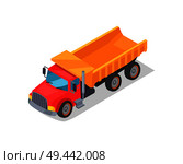 Truck transportation poster transport used in building of constructions lorry and truck for cargo vector illustration isolated on white background. Truck Transportation Poster Vector Illustration. Стоковая иллюстрация, агентство Ingram Publishing / Фотобанк Лори