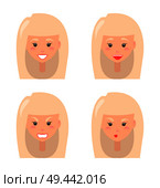 Four female faces colorful vector illustration of blonde portraits isolated on white background, red lips, bright teeth, black eyes, varied emotions. Four Female Faces Colorful Vector Illustration. Стоковая иллюстрация, агентство Ingram Publishing / Фотобанк Лори