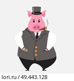 Funny cartoon capitalist pig caricature. Rich piggy boss with cigar, monocle and top hat. Стоковая иллюстрация, агентство Ingram Publishing / Фотобанк Лори