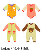 Baby clothes jumpers set, stretchie collection, baby clothes with prints of stars, strawberry and teddy bear, stripes and pockets vector illustration. Baby Clothes Jumpers Set, Vector Illustration. Стоковая иллюстрация, агентство Ingram Publishing / Фотобанк Лори