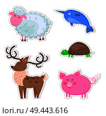 Stickers and icons set of cute wild and domestic animals - funny sheep, turtle, pig, reindeer and narwhal flat vectors isolated on white. Mammals and reptile illustrations outlined with dotted line. Cute Animals Cartoon Flat Vector Stickers Set. Стоковая иллюстрация, агентство Ingram Publishing / Фотобанк Лори