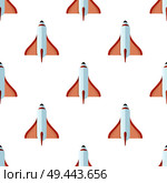 Seamless pattern with rockets isolated on white background. Spaceships vector illustration in astrological concept, wallpaper design. Seamless Pattern with Rockets Isolated on White. Стоковая иллюстрация, агентство Ingram Publishing / Фотобанк Лори