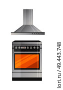 Modern kitchen stove with powerful hood above. Capacious electric oven to cook tasty dishes. Convenient metallic cooker isolated vector illustration.. Modern Kitchen Stove with Powerful Hood Above. Стоковая иллюстрация, агентство Ingram Publishing / Фотобанк Лори