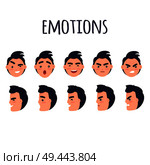 Men emotions set. Young brunette male head in full face and profile with various facial expressions flat vector isolated on white background. Man cartoon emotive portrait for icon, avatar illustration. Man Faces with Different Emotions Flat Vector Set. Стоковая иллюстрация, агентство Ingram Publishing / Фотобанк Лори