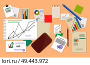 Lot of statistic and analytics data vector poster charts and infographics, schedules and diagram, visualization data, notepad and pencil, brown wallet. Lot of Statistic and Analytics Data, Vector Poster. Стоковая иллюстрация, агентство Ingram Publishing / Фотобанк Лори