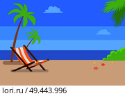 Recliner under tall palms at empty sandy beach. Tropical beach of hot country with recliner and deep blue sea on horizon cartoon vector illustration.. Recliner under Tall Palms at Empty Sandy Beach. Стоковая иллюстрация, агентство Ingram Publishing / Фотобанк Лори