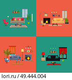 Interior of house collection, fireplace and sofas with cushions, table and carpets, plants and lamps, vector illustration isolated on green background. Interior of House Collection Vector Illustration. Стоковая иллюстрация, агентство Ingram Publishing / Фотобанк Лори