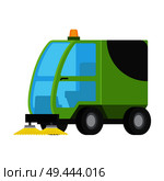 Green sweeping machine flat vector icon isolated on white background. Industrial machinery for streets cleaning. Small road sweeping vehicle illustration. Road Sweeping Machine Isolated Flat Vector Icon. Стоковая иллюстрация, агентство Ingram Publishing / Фотобанк Лори
