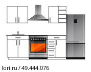 Kitchen room stylish design with modern appliances set. Capacious refrigerator and convenient stove with powerful hood isolated vector illustration.. Kitchen Room Stylish Design with Modern Appliances. Стоковая иллюстрация, агентство Ingram Publishing / Фотобанк Лори