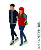 Woman in red sleeveless jacket, green shoes and backpack and man in black short coat vector illustrations. Student or college girl and boy cartoon characters. Woman and Man Students in Modern Apparels Vector. Стоковая иллюстрация, агентство Ingram Publishing / Фотобанк Лори