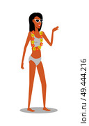 Smiling young girl in swimsuit with necklace of flowers isolated on white. Female character in bikini and sunglasses. Leisure on sunny seaside. Sunbathing and relaxing. Vector in flat style. Smiling Girl in Swimsuit with Necklace of Flowers. Стоковая иллюстрация, агентство Ingram Publishing / Фотобанк Лори