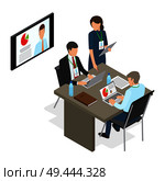 Business people at table deciding working issues. Vector illustration of man working on laptop with diagrams, woman standing at desk, business news showing on plasma TV in office, coaching concept. Business People at Table Deciding Working Issues. Стоковая иллюстрация, агентство Ingram Publishing / Фотобанк Лори