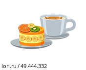 Bright banner with cup of espresso and tasty pie vector illustration with cute pastry, lot of varied fresh fruit on cake, small white bowl, two plates. Bright Banner with Cup of Espresso and Tasty Pie. Стоковая иллюстрация, агентство Ingram Publishing / Фотобанк Лори
