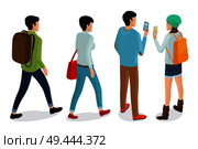 Stylish men and women models back view in fashionable apparels, jackets and trousers vector illustrations isolated on white. Students with telephone. Stylish Men and Women Models Back View in Apparels. Стоковая иллюстрация, агентство Ingram Publishing / Фотобанк Лори