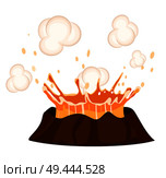 Massive volcanic eruption isolated on white background. Big hot burning lava splash vector illustration. Deep muzzle of active volcano close up. Dangerous and rare natural phenomenon flat style. Massive Volcanic Eruption Isolated Illustration. Стоковая иллюстрация, агентство Ingram Publishing / Фотобанк Лори