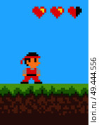 Video game, pixel banner, vector illustration, man in red suit, three pixel hearts, abstract life indicator, grass and soil bright day, simple 2d game. Video Game, Pixel Banner, Vector Illustration. Стоковая иллюстрация, агентство Ingram Publishing / Фотобанк Лори