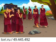 A vector illustration of Buddhist monks in Tibet temples. Стоковая иллюстрация, агентство Ingram Publishing / Фотобанк Лори