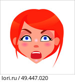 Young woman shocked face icon. Pretty redhead girl with flush and blue eyes amazement facial expression isolated flat vector. Female cartoon portrait illustration for women surprise emotions concept. Redhead Woman Shocked Face Flat Vector Icon. Стоковая иллюстрация, агентство Ingram Publishing / Фотобанк Лори