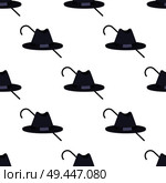 Hat of black color and walking stick making seamless pattern, objects created for mysterious men and gentlemen, vector illustration isolated on white. Hat and Walking Stick Pattern Vector Illustration. Стоковая иллюстрация, агентство Ingram Publishing / Фотобанк Лори